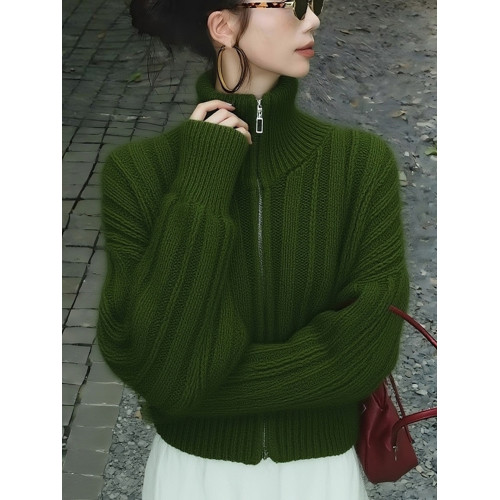 韓系漂亮早秋小上衣高級小資絕美巨好看高級感聖誕綠色立領毛衣女