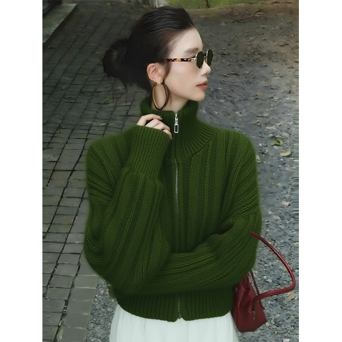 韓系漂亮早秋小上衣高級小資絕美巨好看高級感聖誕綠色立領毛衣女