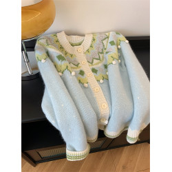 費爾島聖誕綠色質單排釦復古毛衣女秋冬韓系慵懶風高級感針織開衫