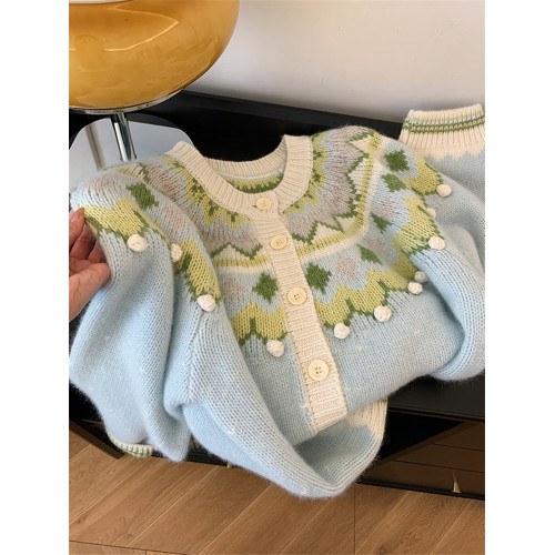 費爾島聖誕綠色質單排釦復古毛衣女秋冬韓系慵懶風高級感針織開衫 費爾島聖誕綠色質單排釦復古毛衣女秋冬韓系慵懶風高級感針織開衫