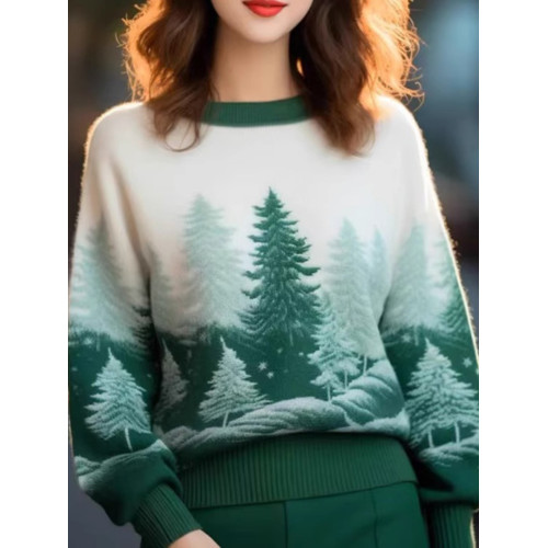 羊絨衫洋氣圓領套頭針織衫女2024年冬款慵懶軟糯氣質聖誕綠色毛衣