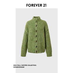 Forever 21聖誕綠撞色手綉飾邊厚實慵懶廓形毛衣外套女秋季新款