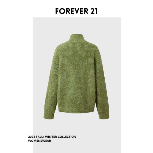 Forever 21聖誕綠撞色手綉飾邊厚實慵懶廓形毛衣外套女秋季新款