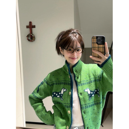 聖誕綠色毛衣女冬季復古寬松慵懶小衆設計感小狗提花針織開衫外套