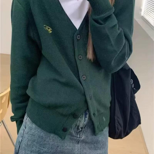 BM風brandy rever同款復古聖誕綠V領針織衫毛衣字母刺綉開衫外套