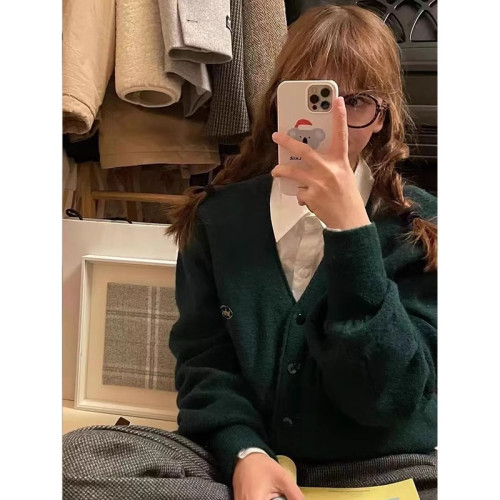 BM風brandy rever同款復古聖誕綠V領針織衫毛衣字母刺綉開衫外套