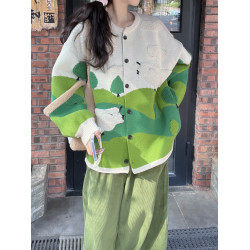 大碼女復古針織開衫秋季高級感聖誕綠色軟糯毛衣胖MM遮肉顯瘦上衣