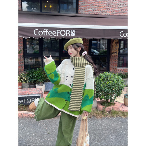 大碼女復古針織開衫秋季高級感聖誕綠色軟糯毛衣胖MM遮肉顯瘦上衣