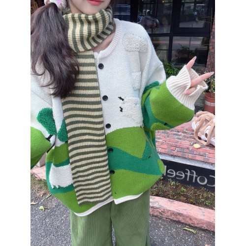 大碼女復古針織開衫秋季高級感聖誕綠色軟糯毛衣胖MM遮肉顯瘦上衣