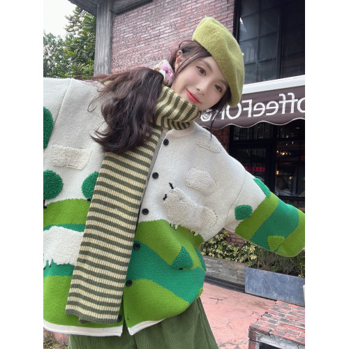 大碼女復古針織開衫秋季高級感聖誕綠色軟糯毛衣胖MM遮肉顯瘦上衣