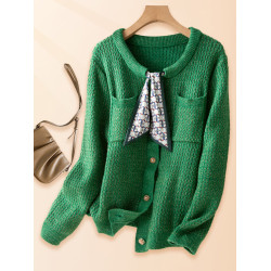 聖誕綠重工亮絲拼接飄帶系帶毛衣女2025秋冬新款通勤圓領短款上衣