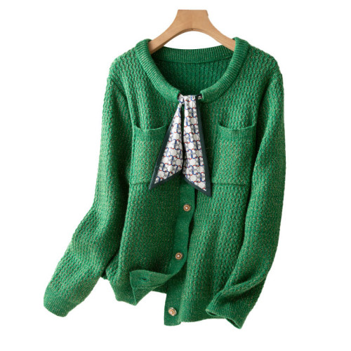 聖誕綠重工亮絲拼接飄帶系帶毛衣女2025秋冬新款通勤圓領短款上衣 聖誕綠重工亮絲拼接飄帶系帶毛衣女2025秋冬新款通勤圓領短款上衣