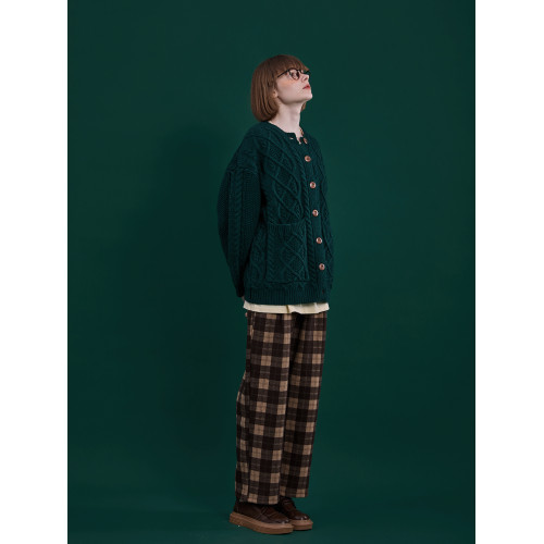 柒年原創羊毛英倫聖誕綠木釦開衫棒針費爾島毛衣祖母風絞花紋毛衣