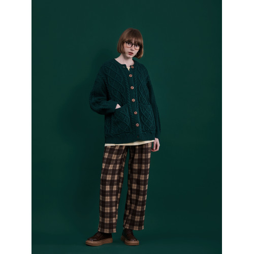 柒年原創羊毛英倫聖誕綠木釦開衫棒針費爾島毛衣祖母風絞花紋毛衣