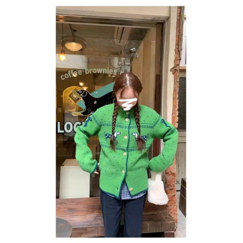 慵懶高級感聖誕綠色針織毛衣女秋冬季小狗提花軟糯氛圍感開衫外套