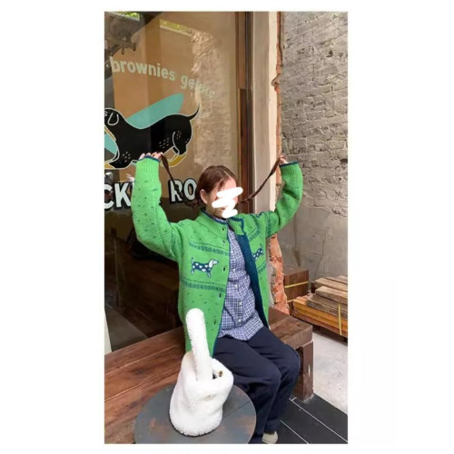 慵懶高級感聖誕綠色針織毛衣女秋冬季小狗提花軟糯氛圍感開衫外套