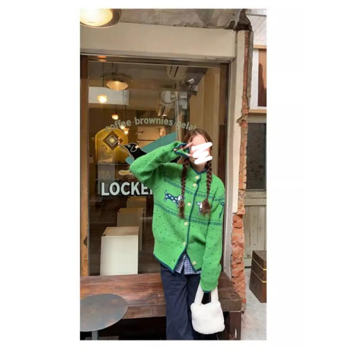 慵懶高級感聖誕綠色針織毛衣女秋冬季小狗提花軟糯氛圍感開衫外套