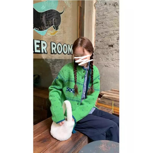 慵懶高級感聖誕綠色針織毛衣女秋冬季小狗提花軟糯氛圍感開衫外套