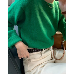 氛圍感 聖誕綠~韓國東大門24秋冬圓領羅紋邊簡約寬松針織衫毛衣女