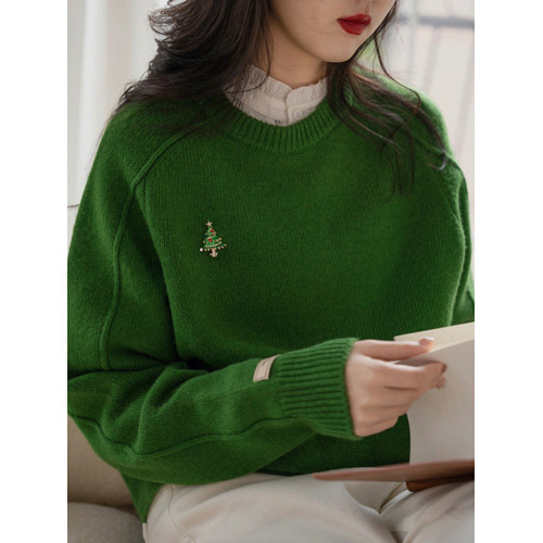 聖誕綠色毛衣女秋冬小個子慵懶風超好看針織衫學院風圓領上衣長袖