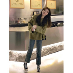 韓系復古聖誕綠色浣熊絨套頭毛衣女秋冬軟糯慵懶高級感外穿針織衫