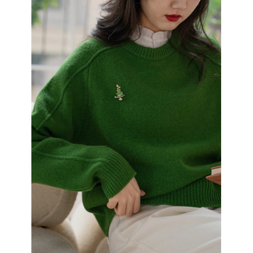 聖誕綠色毛衣女秋冬季小個子慵懶風針織衫學院風圓領上衣內搭打底