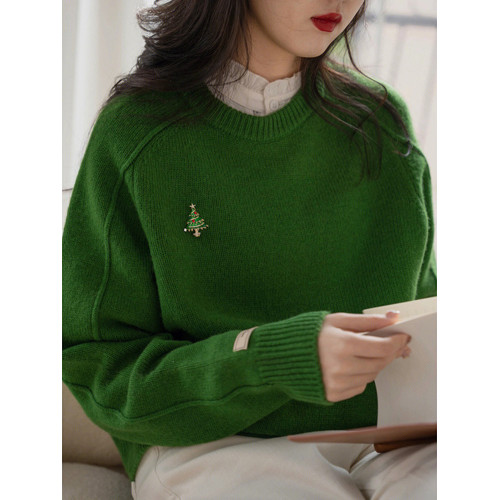 聖誕綠色毛衣女秋冬季小個子慵懶風針織衫學院風圓領上衣內搭打底