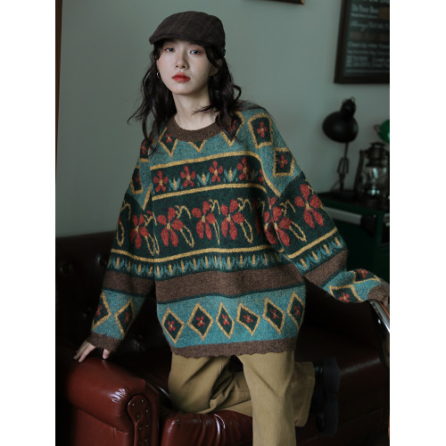 blj快時尚港風復古聖誕綠色加厚圓領套頭毛衣女秋冬新款氣質上衣