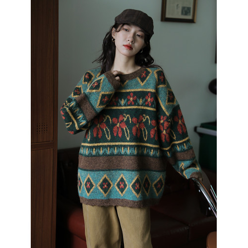 blj快時尚港風復古聖誕綠色加厚圓領套頭毛衣女秋冬新款氣質上衣