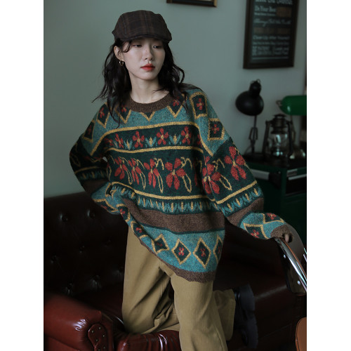 blj快時尚港風復古聖誕綠色加厚圓領套頭毛衣女秋冬新款氣質上衣