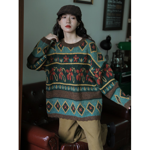 blj快時尚港風復古聖誕綠色加厚圓領套頭毛衣女秋冬新款氣質上衣