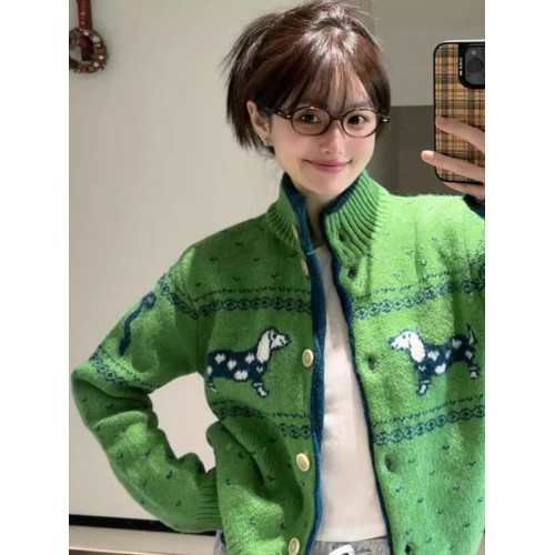 慵懶高級感聖誕綠色針織毛衣女秋冬季小狗提花軟糯氛圍感開衫外套