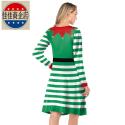 歐美聖誕節派對親子裝休閒裙子聖誕綠色條紋數碼印花扮演連衣裙女