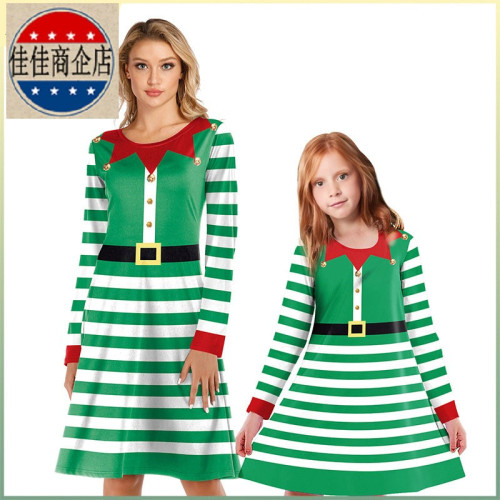 歐美聖誕節派對親子裝休閒裙子聖誕綠色條紋數碼印花扮演連衣裙女
