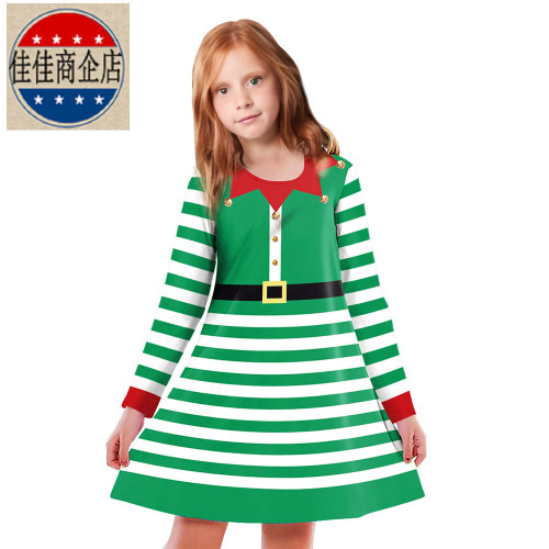 歐美聖誕節派對親子裝休閒裙子聖誕綠色條紋數碼印花扮演連衣裙女