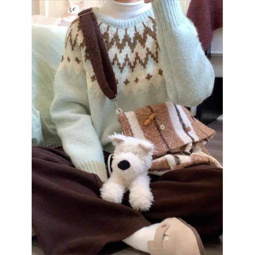 氛圍感聖誕綠色費爾島毛衣女秋冬加厚奶呼呼軟糯慵懶風套頭針織衫