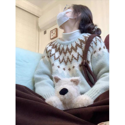 氛圍感聖誕綠色費爾島毛衣女秋冬加厚奶呼呼軟糯慵懶風套頭針織衫