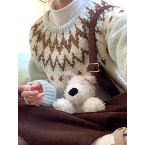 氛圍感聖誕綠色費爾島毛衣女秋冬加厚奶呼呼軟糯慵懶風套頭針織衫