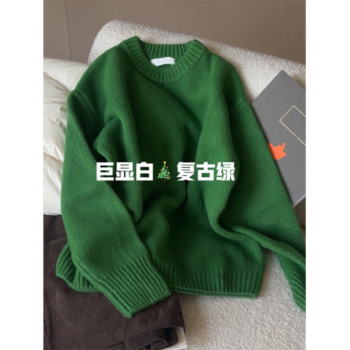 氛圍感聖誕綠色毛衣女秋冬季寬松加厚高級感慵懶風套頭針織衫上衣