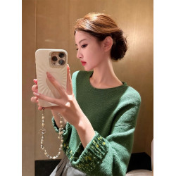 (）高知穿搭氣質女士上衣絕美巨好看復古聖誕綠亮片拼接毛衣