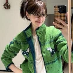 聖誕綠色毛衣女冬季復古寬松慵懶小衆設計感小狗提花針織開衫外套