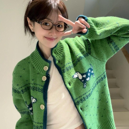聖誕綠色毛衣女冬季復古寬松慵懶小衆設計感小狗提花針織開衫外套 聖誕綠色毛衣女冬季復古寬松慵懶小衆設計感小狗提花針織開衫外套