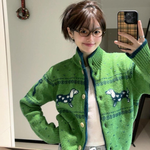聖誕綠色毛衣女冬季復古寬松慵懶小衆設計感小狗提花針織開衫外套 聖誕綠色毛衣女冬季復古寬松慵懶小衆設計感小狗提花針織開衫外套