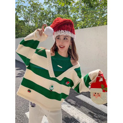 LaFreedom 官方授權 甜美聖誕綠白條紋別針露肩百搭針織上衣女