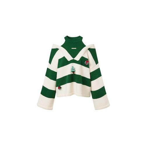 LaFreedom 官方授權 甜美聖誕綠白條紋別針露肩百搭針織上衣女