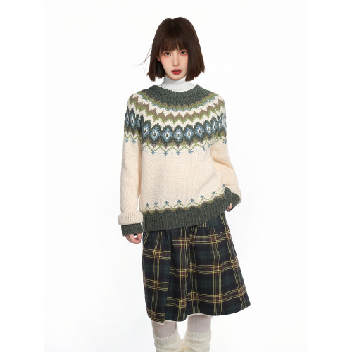 聖誕綠色費爾島提花針織毛衣女秋冬早秋慵懶加厚打底內搭套頭上衣 聖誕綠色費爾島提花針織毛衣女秋冬早秋慵懶加厚打底內搭套頭上衣