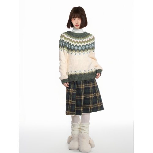 聖誕綠色費爾島提花針織毛衣女秋冬早秋慵懶加厚打底內搭套頭上衣 聖誕綠色費爾島提花針織毛衣女秋冬早秋慵懶加厚打底內搭套頭上衣