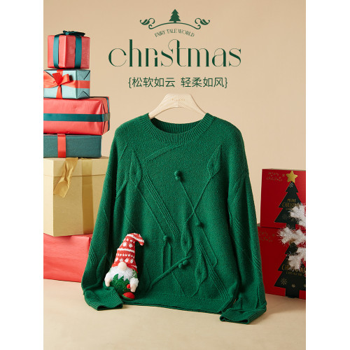 W熙世界聖誕綠色毛衣2025冬季新款氛圍感穿搭寬松慵懶軟糯針織衫