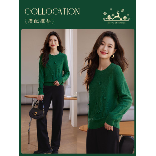 W熙世界聖誕綠色毛衣2025冬季新款氛圍感穿搭寬松慵懶軟糯針織衫