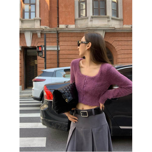 聖誕綠色方領打底毛衣女春裝修身復古長袖針織衫高腰露臍短款上衣